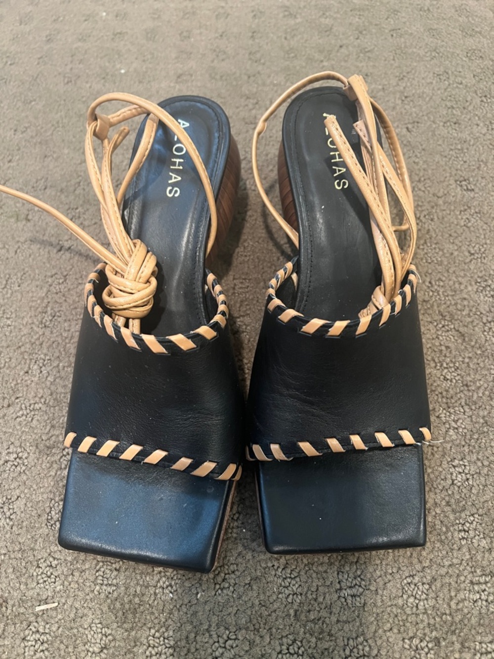 ALOHAS Black Leather Square-Toe Sandals with Tan Braided Lacing